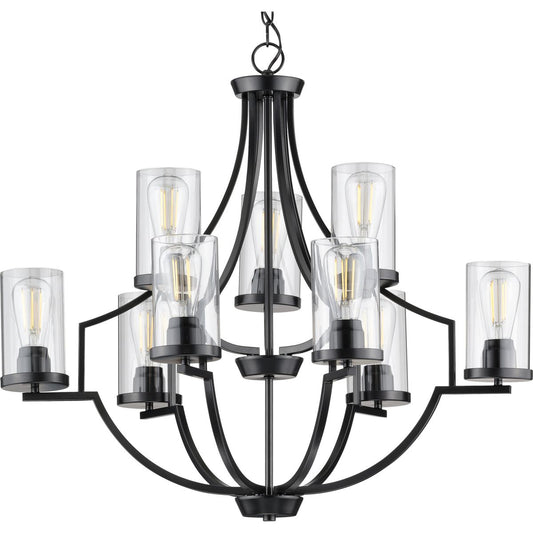 PROGRESS LIGHTING P400198-031 Matte Black Lassiter Collection Nine-Light Matte Black Clear Glass Modern Chandelier Light