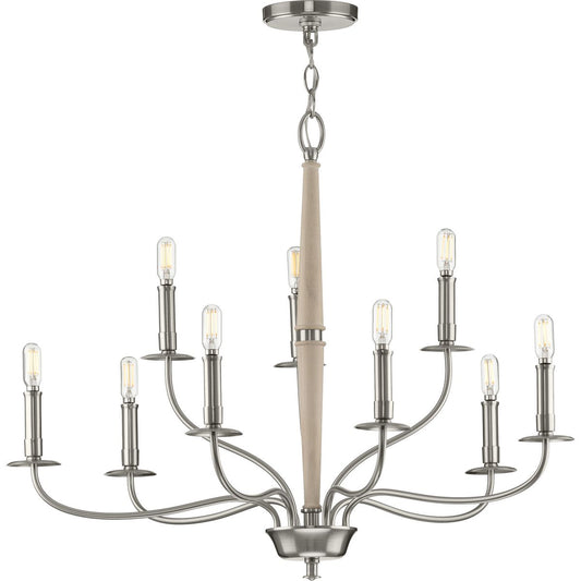 PROGRESS LIGHTING P400200-009 Brushed Nickel Durrell Collection Nine-Light Brushed Nickel Coastal Chandelier Light