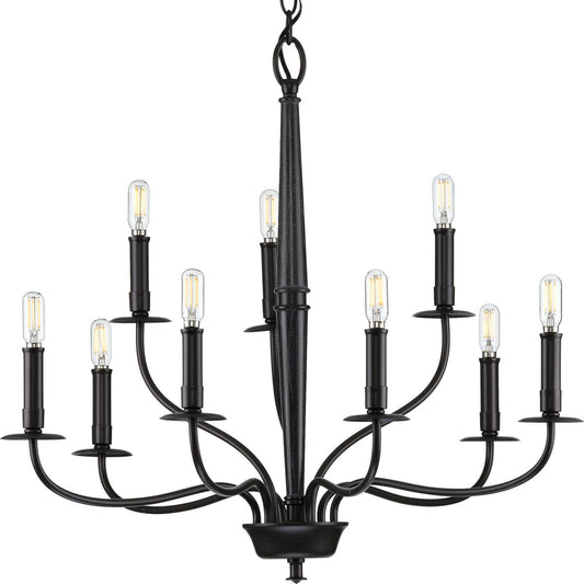 PROGRESS LIGHTING P400200-031 Matte Black Durrell Collection Nine-Light Matte Black Coastal Chandelier Light