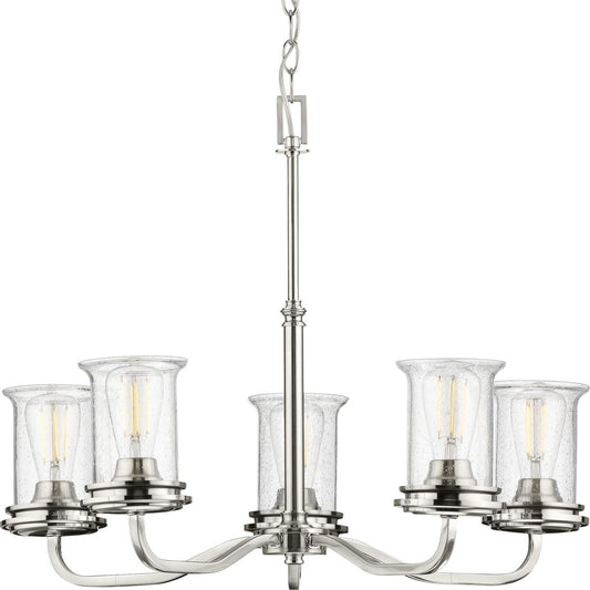 PROGRESS LIGHTING P400206-009 Brushed Nickel Winslett Collection Five-Light Brushed Nickel Clear Seeded Glass Coastal Chandelier Light