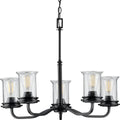 PROGRESS LIGHTING P400206-031 Matte Black Winslett Collection Five-Light Matte Black Clear Seeded Glass Coastal Chandelier Light