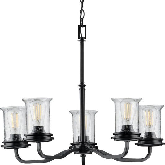 PROGRESS LIGHTING P400206-031 Matte Black Winslett Collection Five-Light Matte Black Clear Seeded Glass Coastal Chandelier Light