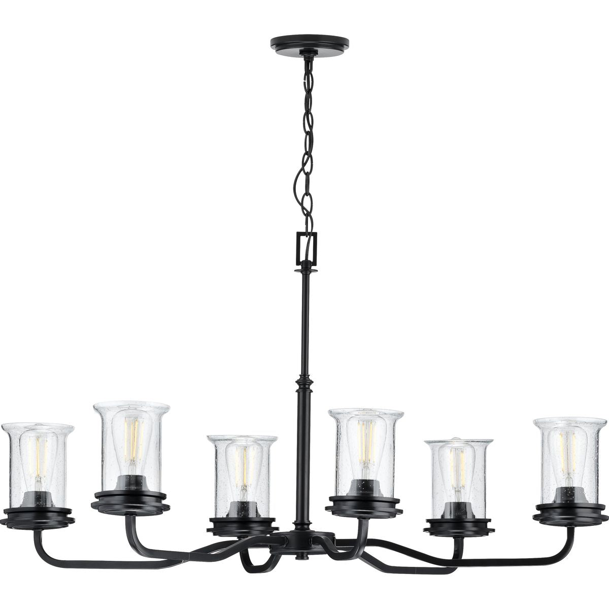 PROGRESS LIGHTING P400207-031 Matte Black Winslett Collection Six-Light Matte Black Clear Seeded Glass Coastal Chandelier Light