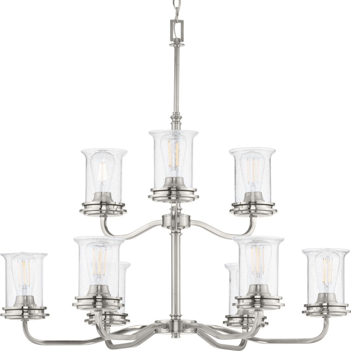 PROGRESS LIGHTING P400208-009 Brushed Nickel Winslett Collection Nine-Light Brushed Nickel Clear Seeded Glass Coastal Chandelier Light