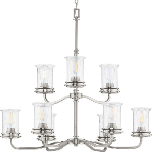 PROGRESS LIGHTING P400208-009 Brushed Nickel Winslett Collection Nine-Light Brushed Nickel Clear Seeded Glass Coastal Chandelier Light