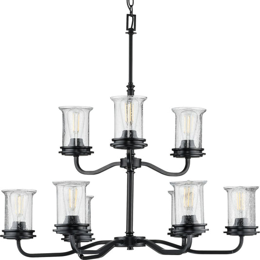 PROGRESS LIGHTING P400208-031 Matte Black Winslett Collection Nine-Light Matte Black Clear Seeded Glass Coastal Chandelier Light