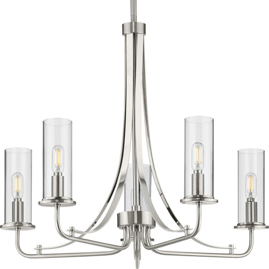 PROGRESS LIGHTING P400209-009 Brushed Nickel Riley Collection Five-Light Brushed Nickel Clear Glass New Traditional Chandelier Light
