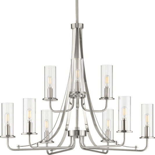 PROGRESS LIGHTING P400210-009 Brushed Nickel Riley Collection Nine-Light Brushed Nickel Clear Glass New Traditional Chandelier Light