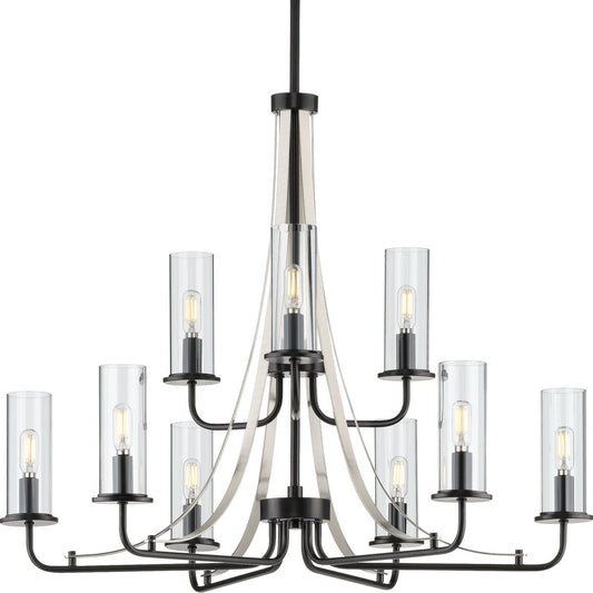 PROGRESS LIGHTING P400210-031 Matte Black Riley Collection Nine-Light Matte Black Clear Glass New Traditional Chandelier Light