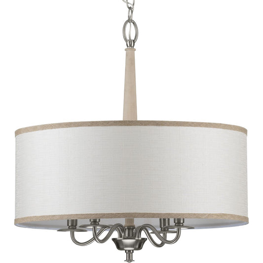 PROGRESS LIGHTING P400218-009 Brushed Nickel Durrell Collection Four-Light Brushed Nickel Sailcloth Linen Fabric Shade Coastal Chandelier Light