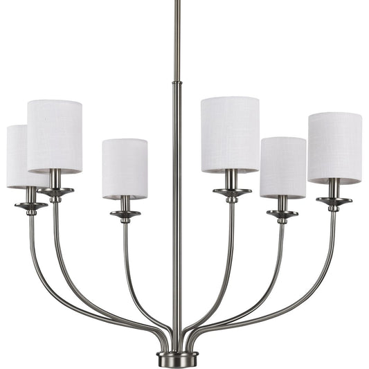 PROGRESS LIGHTING P400227-009 Brushed Nickel Bonita Collection Six-Light Brushed Nickel White Linen Fabric Shade Luxe Chandelier Light