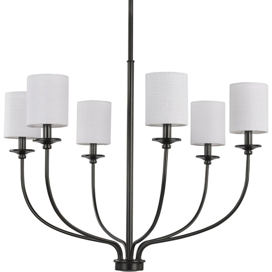 PROGRESS LIGHTING P400227-031 Matte Black Bonita Collection Six-Light Matte Black White Linen Fabric Shade Luxe Chandelier Light