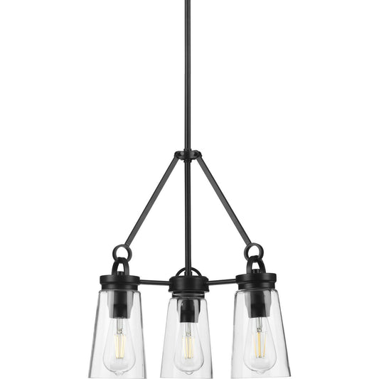 PROGRESS LIGHTING P400235-031 Matte Black Stockbrace Collection Three-Light Matte Black and Clear Glass Farmhouse Style Chandelier Light