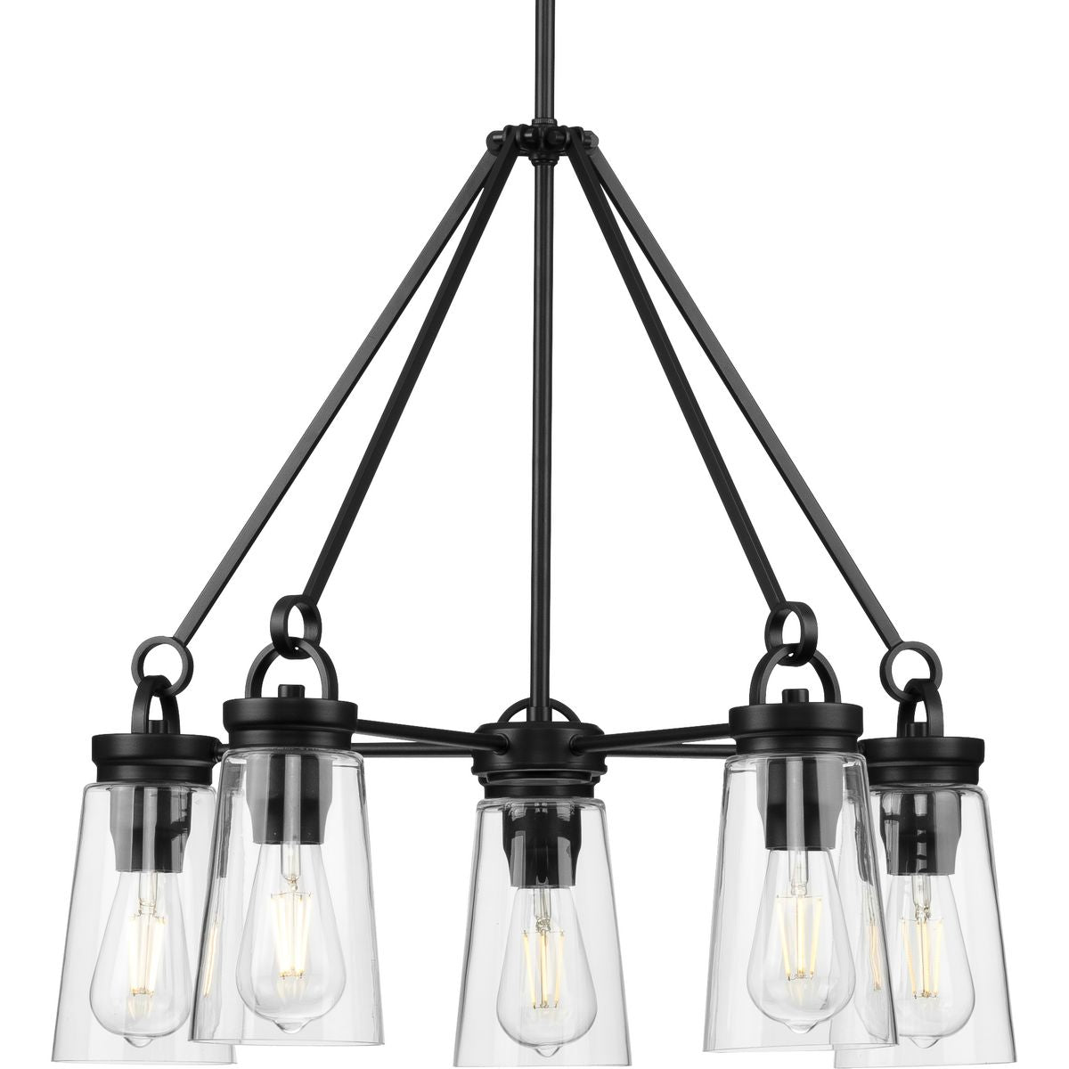 PROGRESS LIGHTING P400243-031 Matte Black Stockbrace Collection Five-Light Matte Black and Clear Glass Farmhouse Style Chandelier Light
