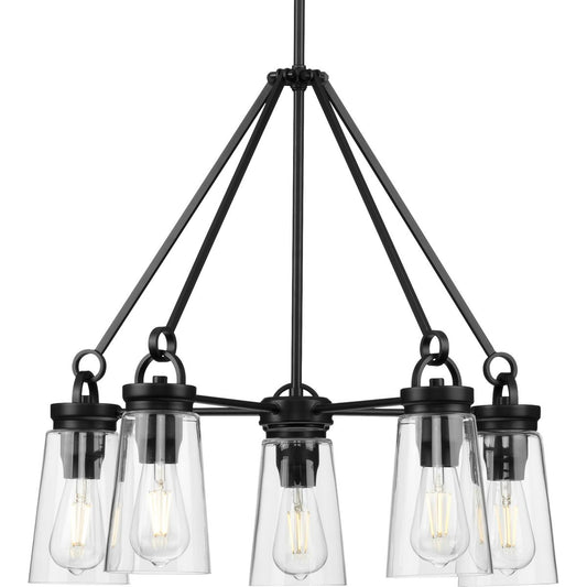 PROGRESS LIGHTING P400243-031 Matte Black Stockbrace Collection Five-Light Matte Black and Clear Glass Farmhouse Style Chandelier Light