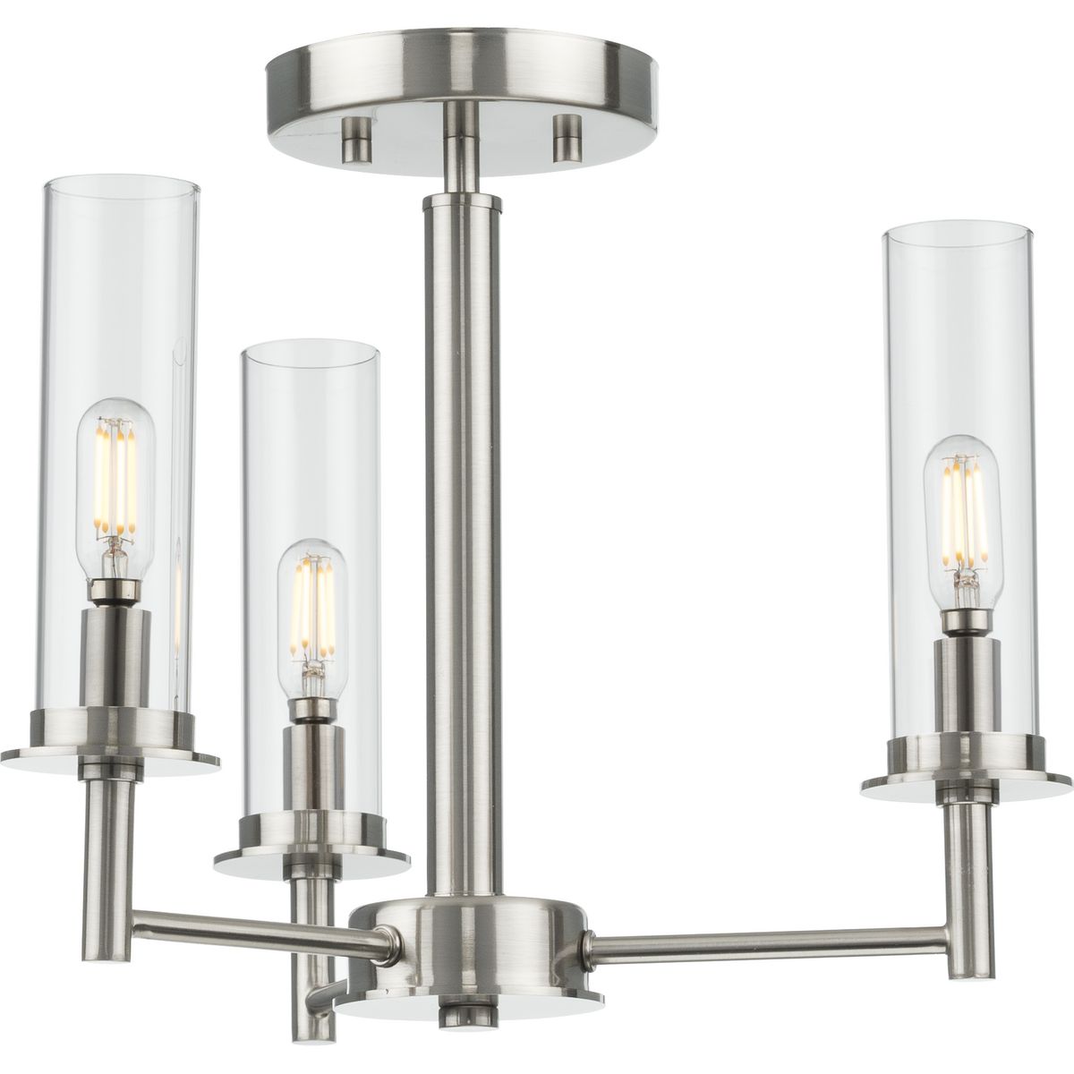 PROGRESS LIGHTING P400250-009 Brushed Nickel Kellwyn Collection Three-Light Brushed Nickel and Clear Glass Transitional Style Convertible Semi-Flush Ceiling or Hanging Pendant Light