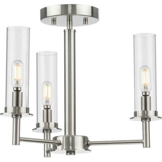 PROGRESS LIGHTING P400250-009 Brushed Nickel Kellwyn Collection Three-Light Brushed Nickel and Clear Glass Transitional Style Convertible Semi-Flush Ceiling or Hanging Pendant Light