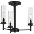 PROGRESS LIGHTING P400250-031 Matte Black Kellwyn Collection Three-Light Matte Black and Clear Glass Transitional Style Convertible Semi-Flush Ceiling or Hanging Pendant Light
