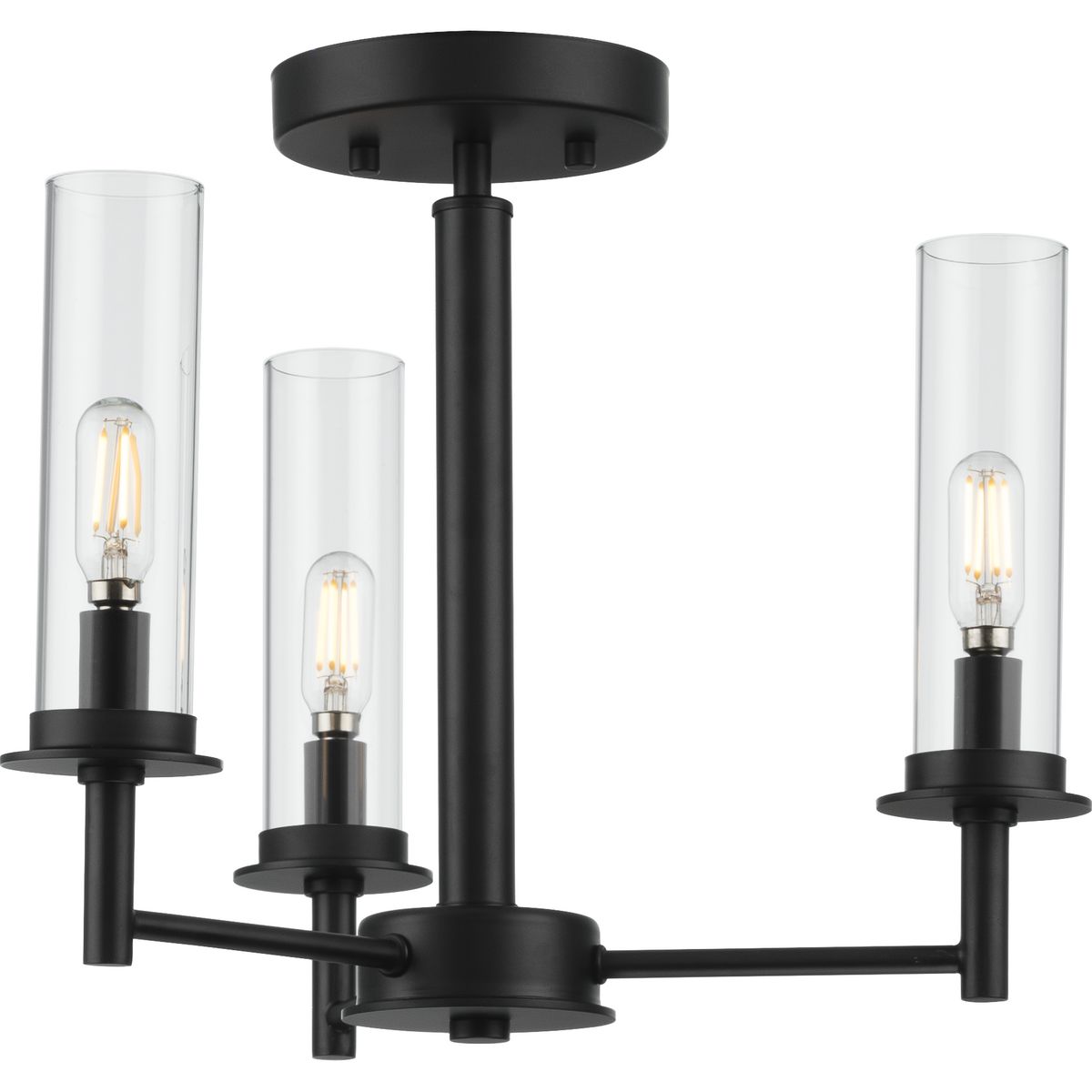 PROGRESS LIGHTING P400250-031 Matte Black Kellwyn Collection Three-Light Matte Black and Clear Glass Transitional Style Convertible Semi-Flush Ceiling or Hanging Pendant Light