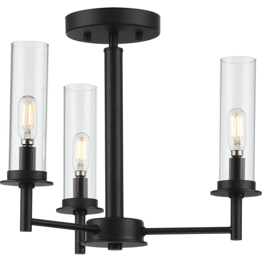 PROGRESS LIGHTING P400250-031 Matte Black Kellwyn Collection Three-Light Matte Black and Clear Glass Transitional Style Convertible Semi-Flush Ceiling or Hanging Pendant Light