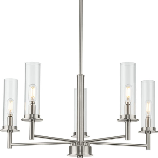 PROGRESS LIGHTING P400251-009 Brushed Nickel Kellwyn Collection Five-Light Brushed Nickel and Clear Glass Transitional Style Chandelier Light