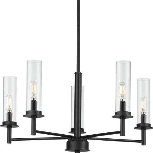 PROGRESS LIGHTING P400251-031 Matte Black Kellwyn Collection Five-Light Matte Black and Clear Glass Transitional Style Chandelier Light