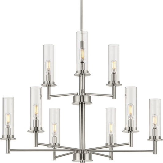 PROGRESS LIGHTING P400252-009 Brushed Nickel Kellwyn Collection Nine-Light Brushed Nickel and Clear Glass Transitional Style Chandelier Light