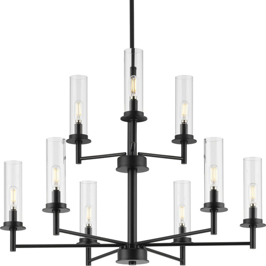 PROGRESS LIGHTING P400252-031 Matte Black Kellwyn Collection Nine-Light Matte Black and Clear Glass Transitional Style Chandelier Light