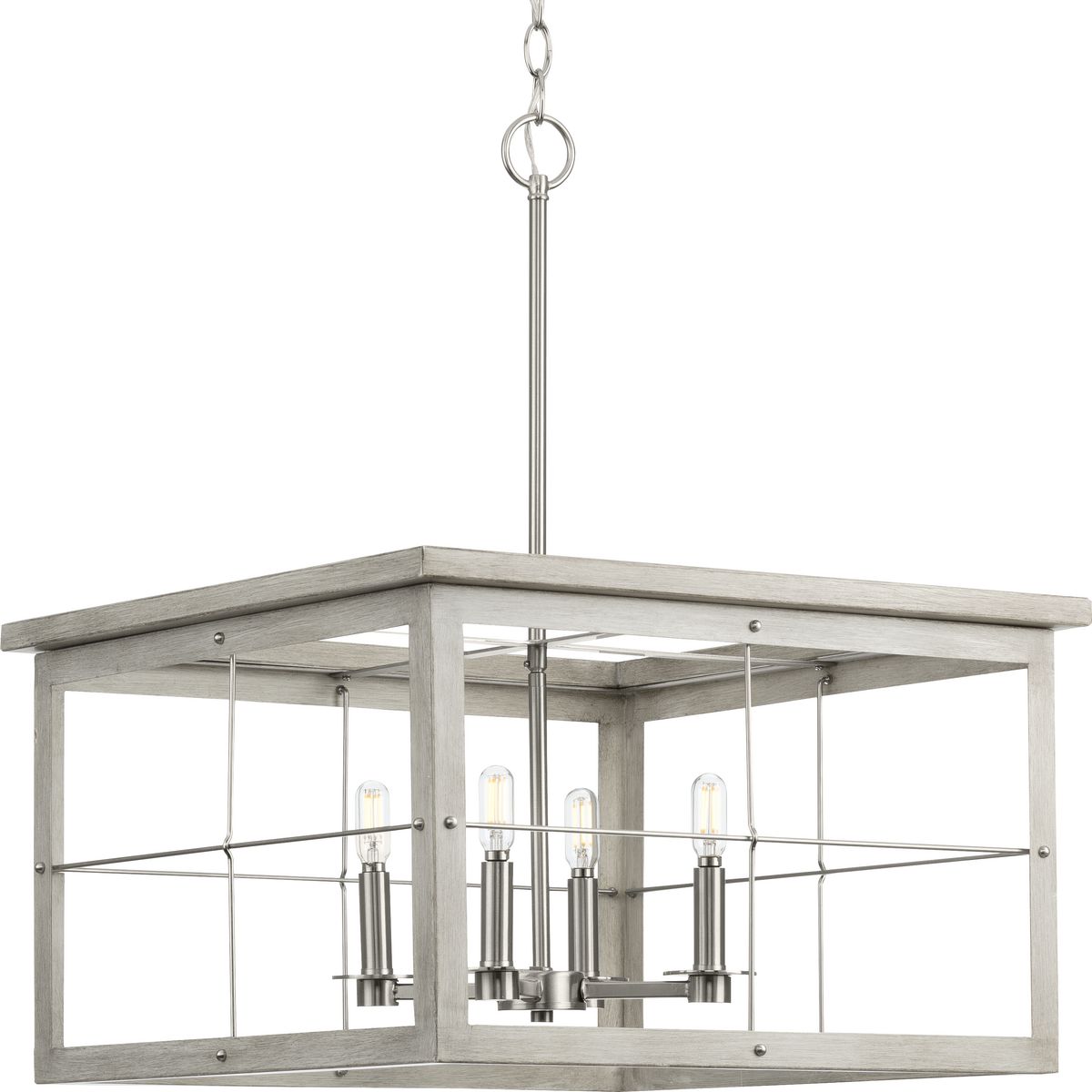 PROGRESS LIGHTING P400253-009 Brushed Nickel Hedgerow Collection Four-Light Brushed Nickel and Grey Washed Oak Farmhouse Style Chandelier Light