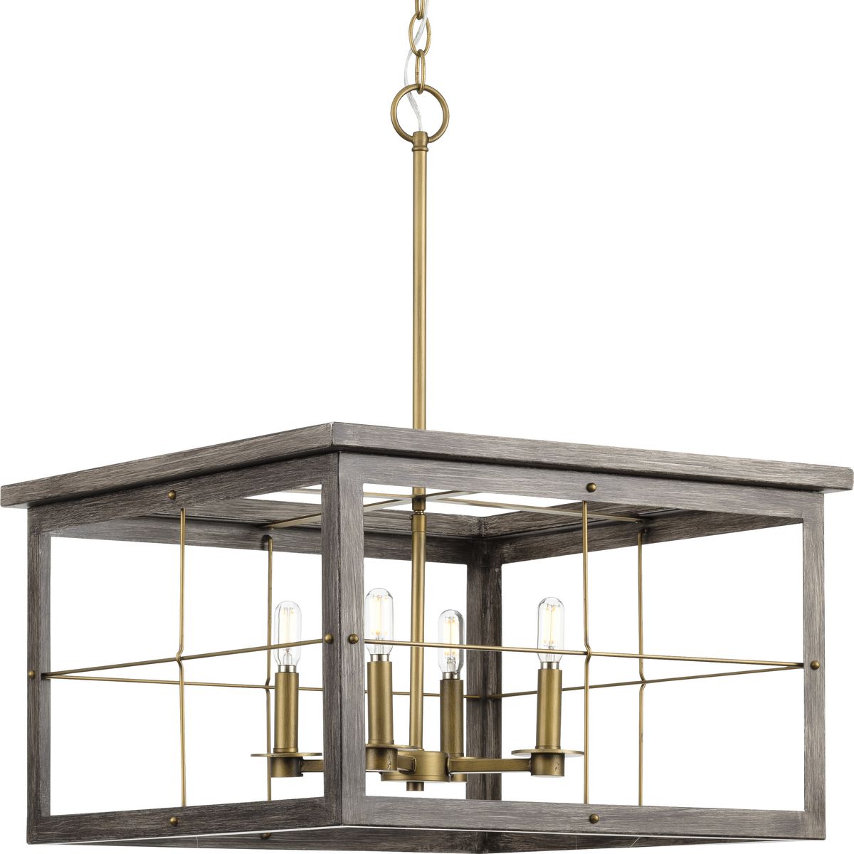 PROGRESS LIGHTING P400253-175 Distressed Brass Hedgerow Collection Four-Light Distressed Brass and Aged Oak Farmhouse Style Chandelier Light