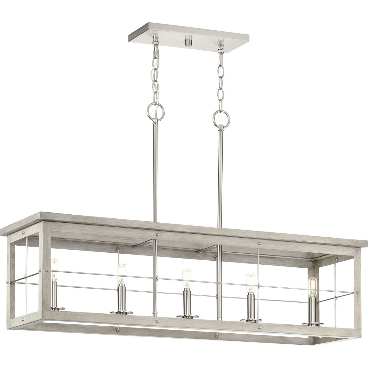 PROGRESS LIGHTING P400254-009 Brushed Nickel Hedgerow Collection Five-Light Brushed Nickel and Grey Washed Oak Farmhouse Style Linear Island Chandelier Light