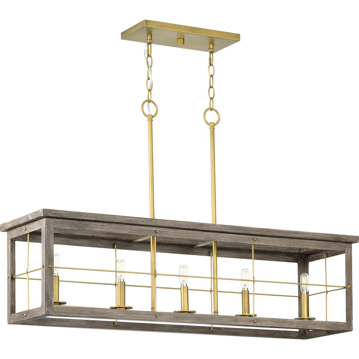 PROGRESS LIGHTING P400254-175 Distressed Brass Hedgerow Collection Five-Light Distressed Brass and Aged Oak Farmhouse Style Linear Island Chandelier Light
