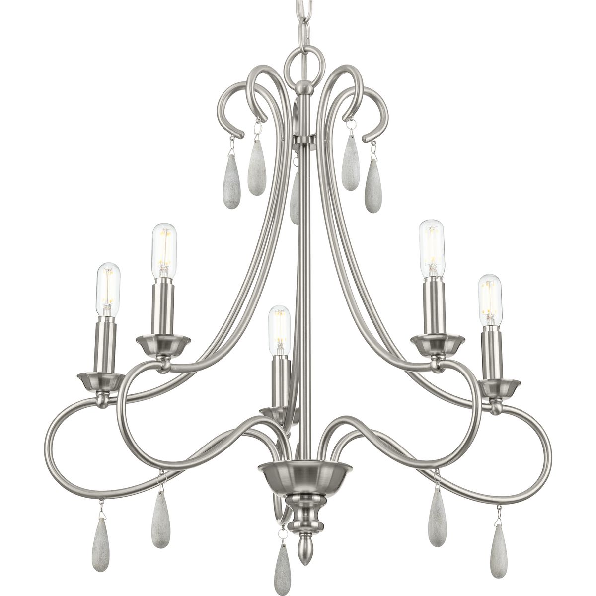 PROGRESS LIGHTING P400267-009 Brushed Nickel Vinings Collection Five-Light Brushed Nickel and Grey Washed Oak Chandelier Light