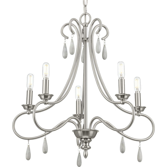 PROGRESS LIGHTING P400267-009 Brushed Nickel Vinings Collection Five-Light Brushed Nickel and Grey Washed Oak Chandelier Light
