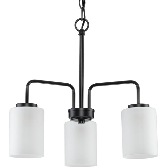 PROGRESS LIGHTING P400274-031 Matte Black Merry Collection Three-Light Matte Black and Etched Glass Transitional Style Chandelier Light