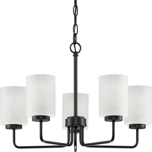 PROGRESS LIGHTING P400275-031 Matte Black Merry Collection Five-Light Matte Black and Etched Glass Transitional Style Chandelier Light