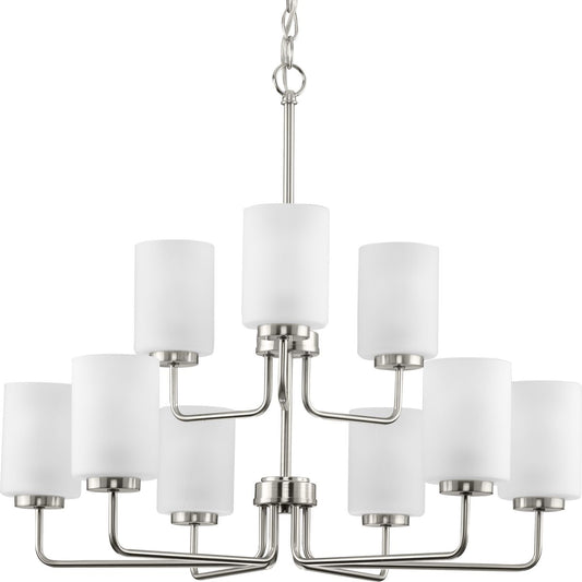 PROGRESS LIGHTING P400276-009 Brushed Nickel Merry Collection Nine-Light Brushed Nickel and Etched Glass Transitional Style Chandelier Light