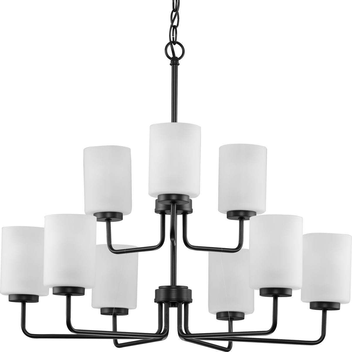 PROGRESS LIGHTING P400276-031 Matte Black Merry Collection Nine-Light Matte Black and Etched Glass Transitional Style Chandelier Light