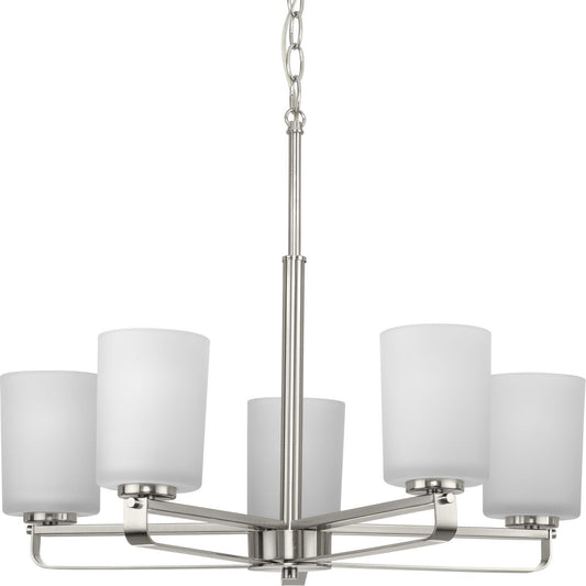PROGRESS LIGHTING P400286-009 Brushed Nickel League Collection Five-Light Brushed Nickel and Etched Glass Modern Farmhouse Chandelier Light