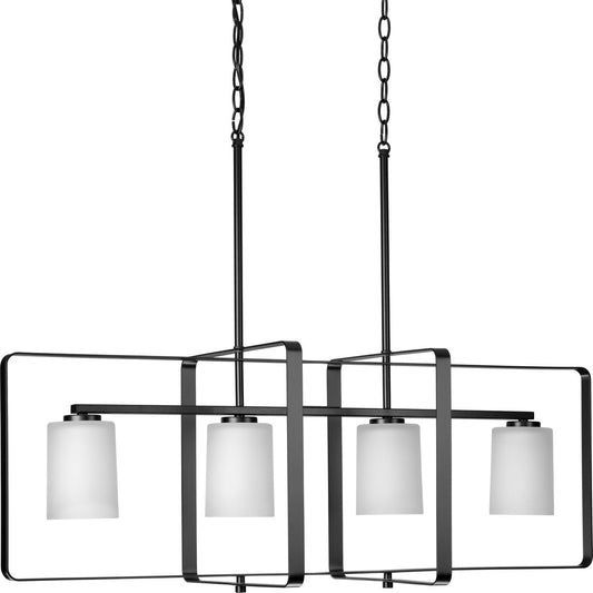 PROGRESS LIGHTING P400287-31M Matte Black League Collection Four-Light Matte Black and Etched Glass Modern Farmhouse Chandelier Light