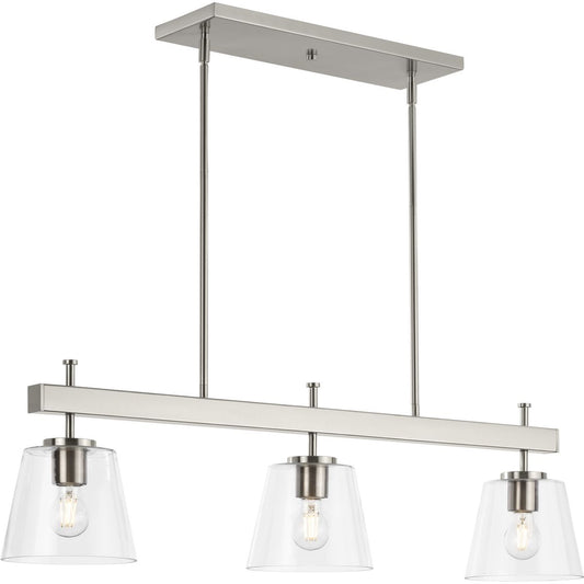 PROGRESS LIGHTING P400298-009 Brushed Nickel Saffert Collection Three-Light New Traditional Brushed Nickel Clear Glass Linear Island Chandelier Light