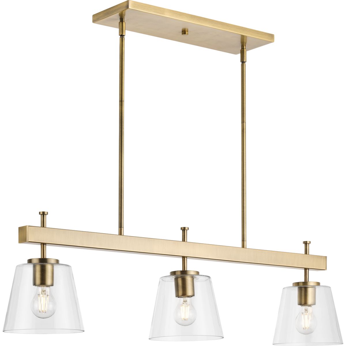 PROGRESS LIGHTING P400298-163 Vintage Brass Saffert Collection Three-Light New Traditional Vintage Brass Clear Glass Linear Island Chandelier Light