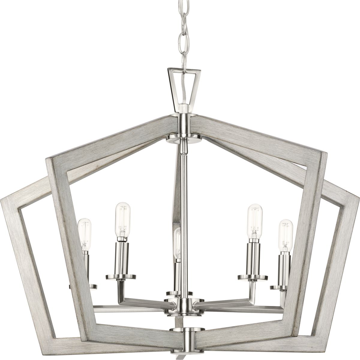PROGRESS LIGHTING P400301-009 Brushed Nickel Galloway Collection Five-Light 19.25" Brushed Nickel Modern Farmhouse Pendant Light with Grey Washed Oak Accents