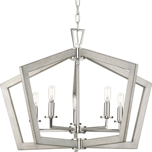 PROGRESS LIGHTING P400301-009 Brushed Nickel Galloway Collection Five-Light 19.25" Brushed Nickel Modern Farmhouse Pendant Light with Grey Washed Oak Accents