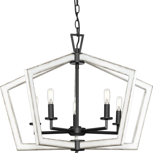 PROGRESS LIGHTING P400301-31M Matte Black Galloway Collection Five-Light 19.25" Matte Black Modern Farmhouse Chandelier with Distressed White Accents