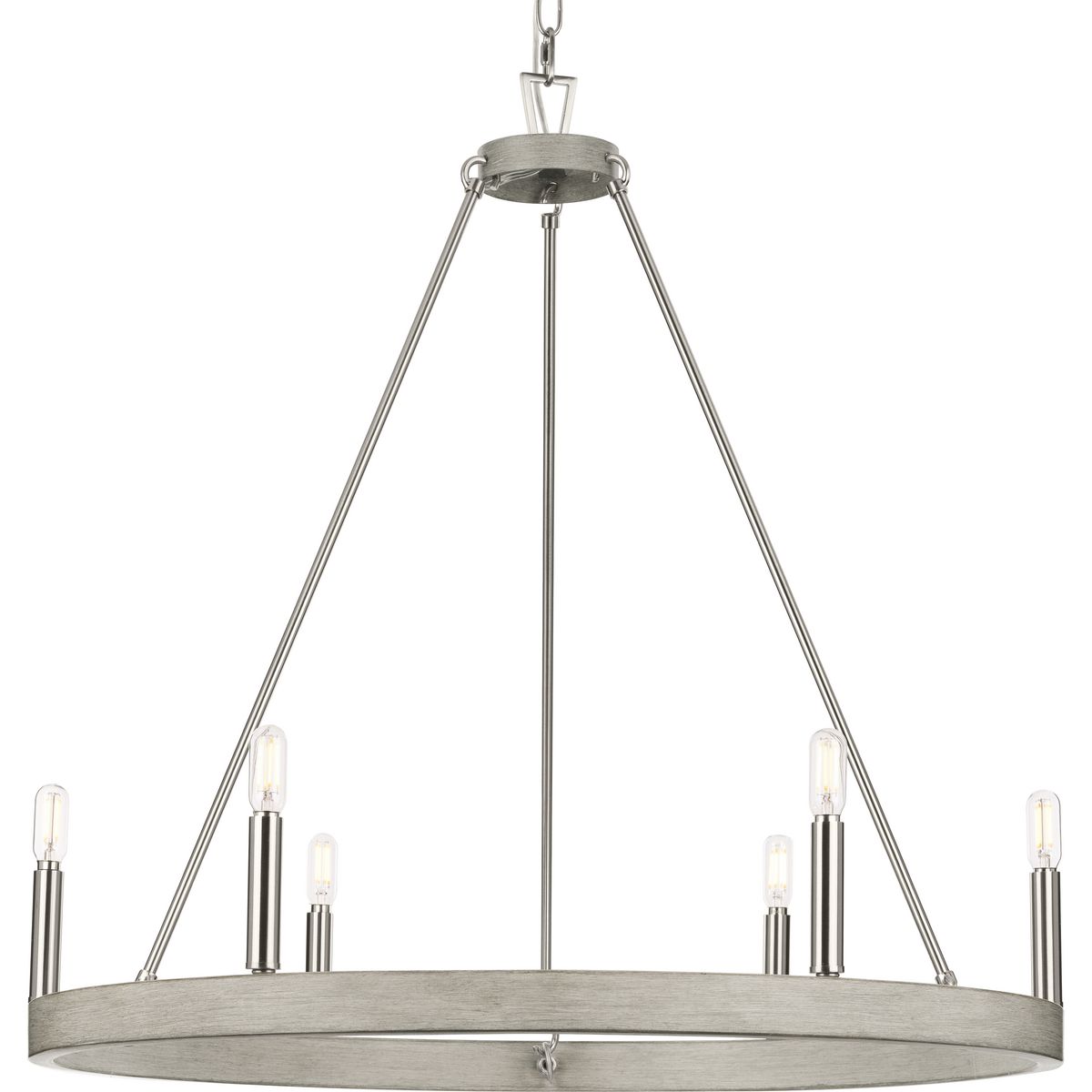 PROGRESS LIGHTING P400302-009 Brushed Nickel Galloway Collection Six-Light 28.25" Brushed Nickel Modern Farmhouse Chandelier with Grey Washed Oak Accents