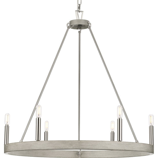 PROGRESS LIGHTING P400302-009 Brushed Nickel Galloway Collection Six-Light 28.25" Brushed Nickel Modern Farmhouse Chandelier with Grey Washed Oak Accents