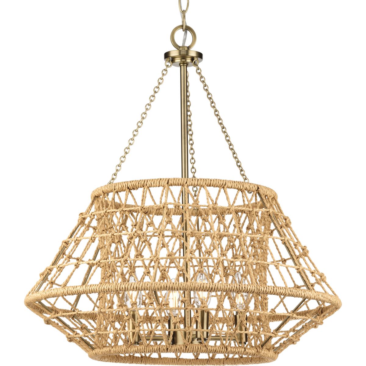 PROGRESS LIGHTING P400323-163 Vintage Brass Laila Collection Four-Light Vintage Brass Coastal Chandelier with Woven Jute Accents