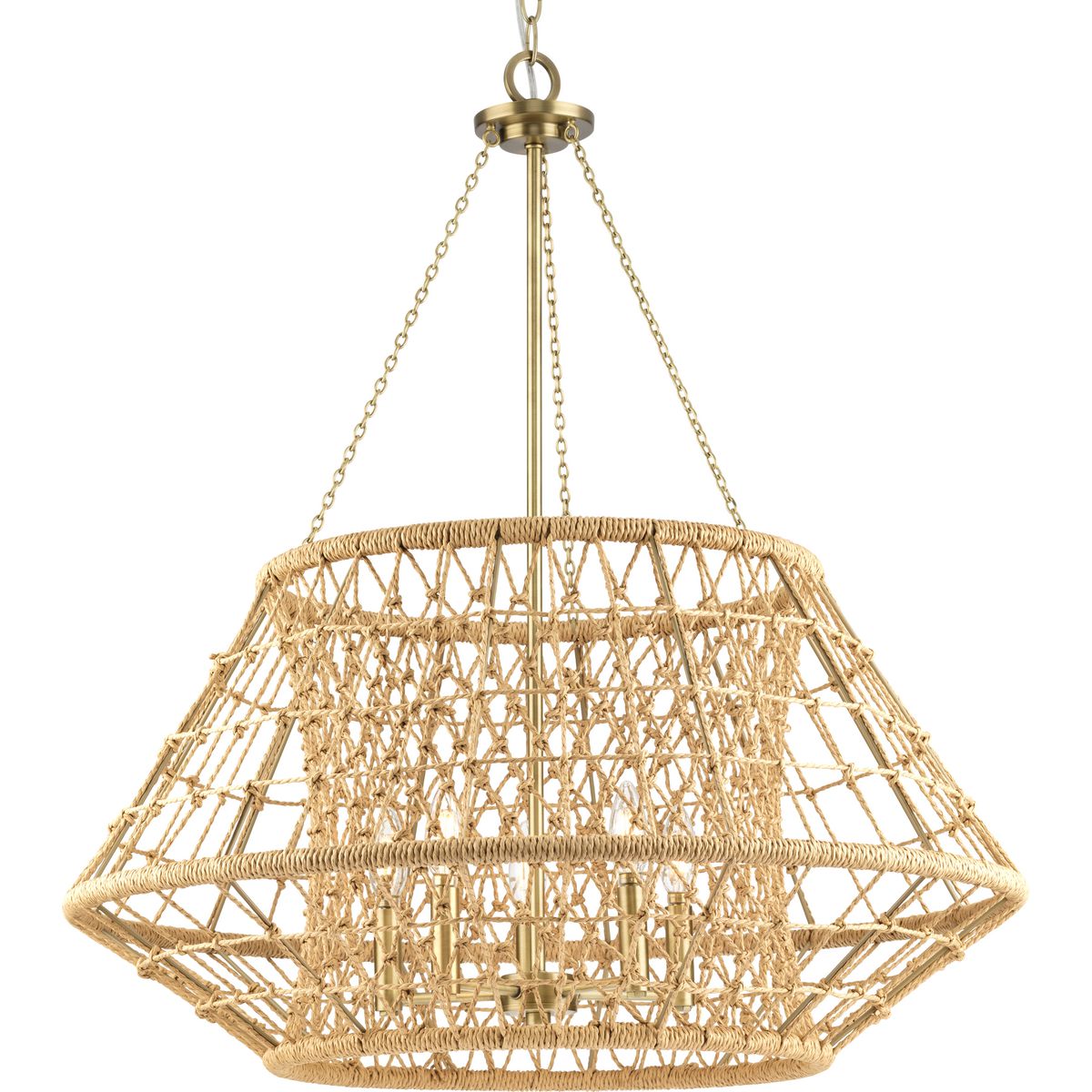 PROGRESS LIGHTING P400324-163 Vintage Brass Laila Collection Five-Light Vintage Brass Coastal Chandelier with Woven Jute Accents