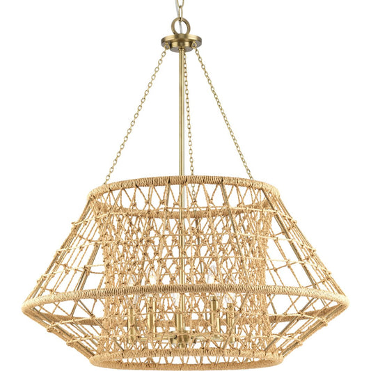 PROGRESS LIGHTING P400324-163 Vintage Brass Laila Collection Five-Light Vintage Brass Coastal Chandelier with Woven Jute Accents
